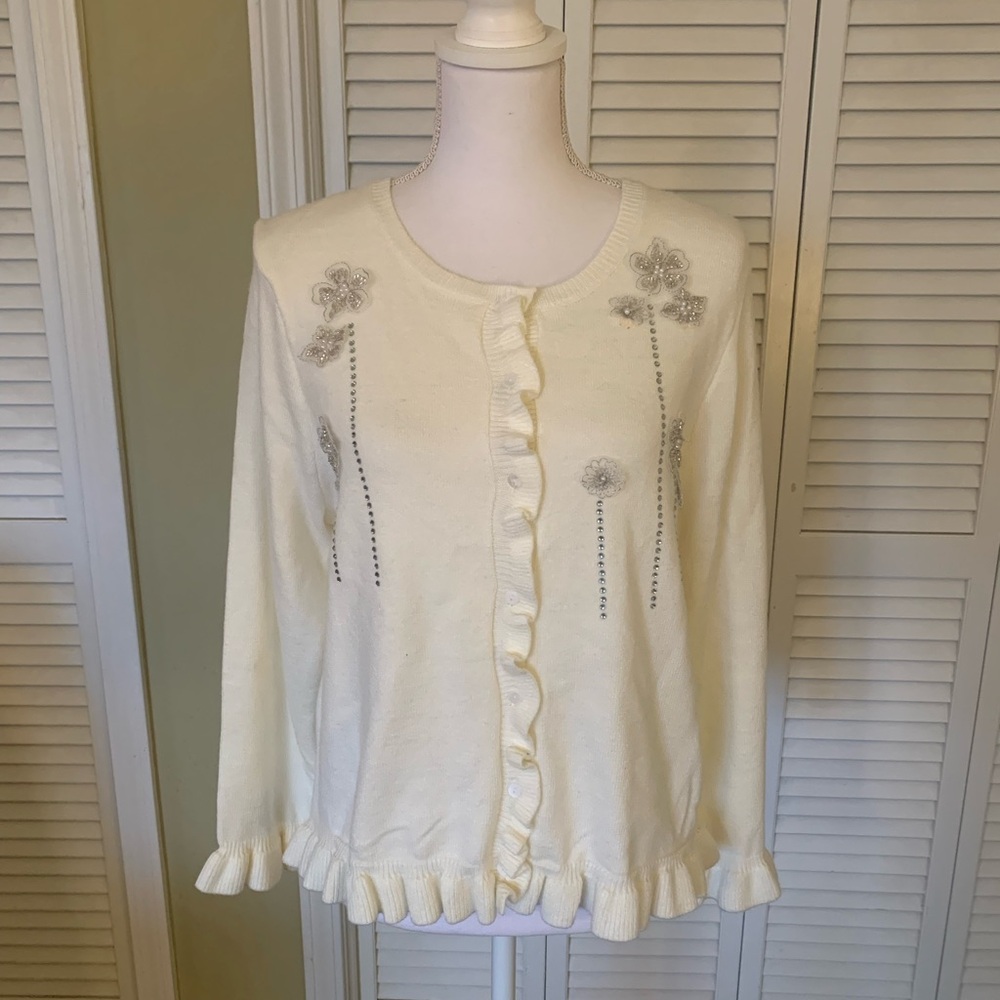 Badgley Mischka Embellished Cream Cardigan with Ruffle Trim Size XL NWT - Picture 1 of 14